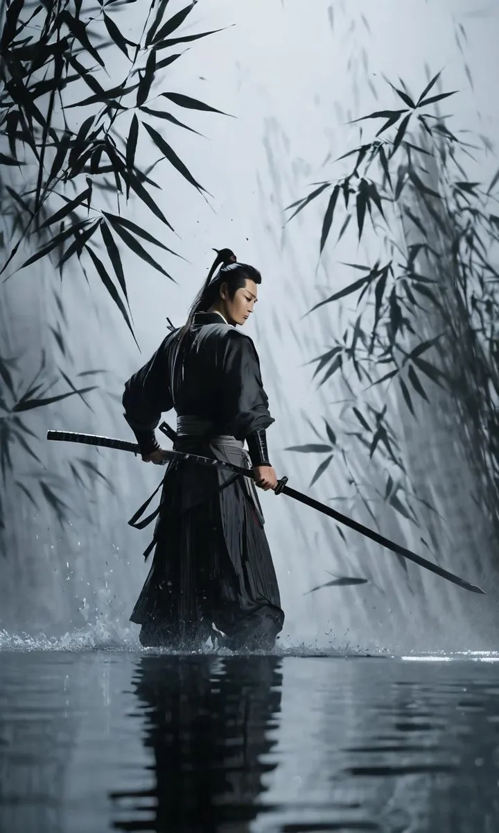 Samurai warrior with a long sword standing in a bamboo forest, wearing traditional black attire. This is an AI generated image using stable diffusion.