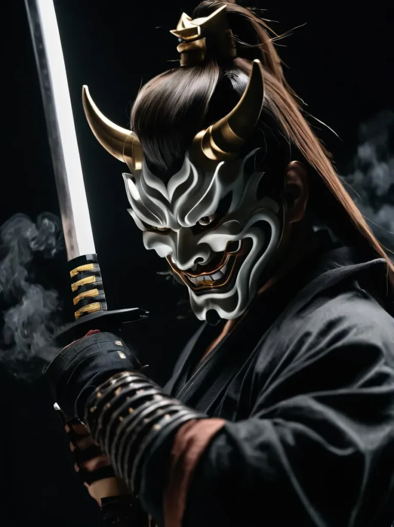 A samurai warrior with a menacing demon mask and a high ponytail, gripping a katana with smoke swirling around in a dark setting. AI generated image using Stable Diffusion.