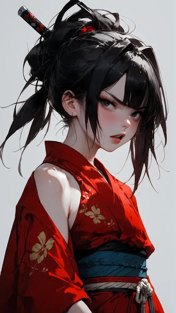 Anime-style image of a stern-faced girl with black hair in a messy bun, wearing a red kimono decorated with flowers, holding a sheathed katana behind her back, generated using Stable Diffusion AI.