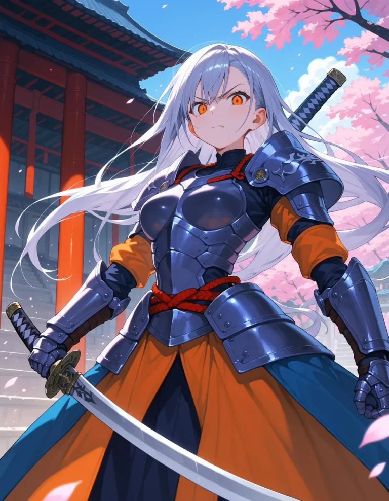 A fierce anime-style girl with long white hair, wearing detailed samurai armor, standing confidently with a sheathed katana, surrounded by cherry blossom trees and traditional Japanese architecture. This is an AI generated image using Stable Diffusion.
