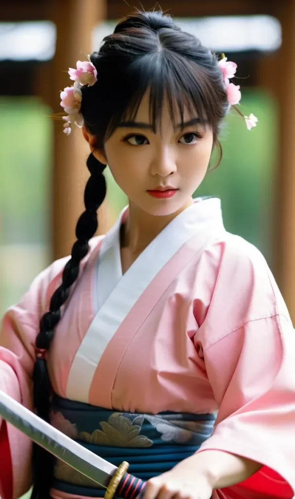 AI generated image using Stable Diffusion portraying a young woman dressed in a traditional pink kimono, adorned with flowers in her hair, holding a katana sword with a focused expression.