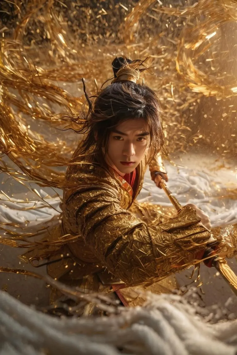 Samurai warrior dressed in elaborate golden armor, holding a sword in a dynamic pose with swirling golden energy, AI generated image using Stable Diffusion.