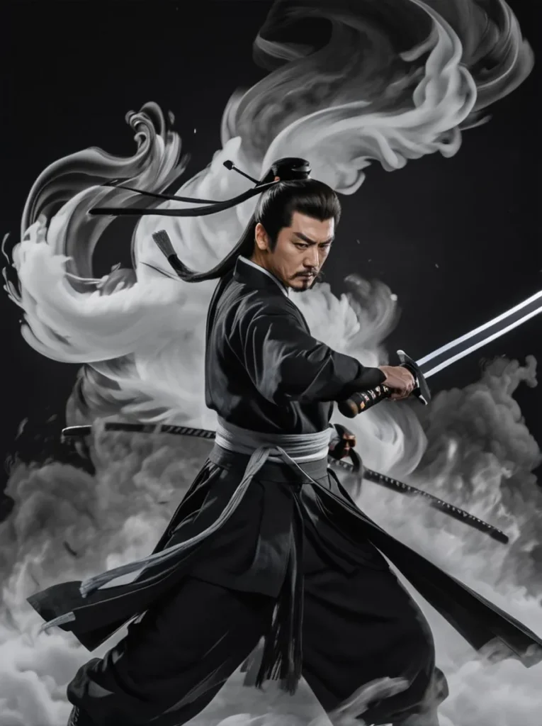 A powerful AI-generated image using Stable Diffusion of a samurai master in traditional attire, wielding a katana with flowing smoke in the background.