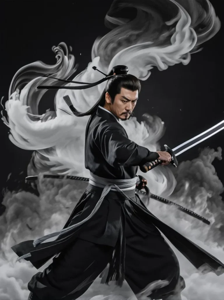 A powerful AI-generated image using Stable Diffusion of a samurai master in traditional attire, wielding a katana with flowing smoke in the background.