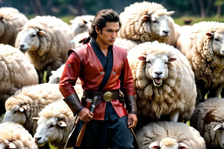 A samurai dressed in traditional attire stands amidst a flock of sheep in a natural landscape, created with AI using Stable Diffusion.