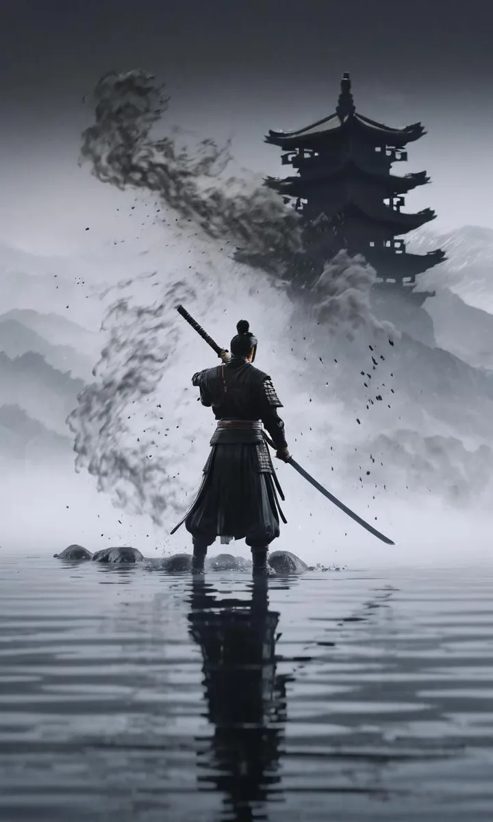 A dramatic scene with a lone samurai standing on water, facing a traditional Japanese pagoda in the distance under a stormy sky with swirling clouds and mist, generated using Stable Diffusion.