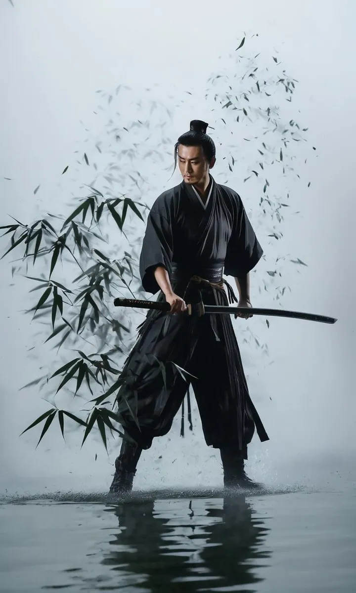 Samurai warrior in traditional black attire holding a katana sword with bamboo leaves around. AI generated image using stable diffusion.