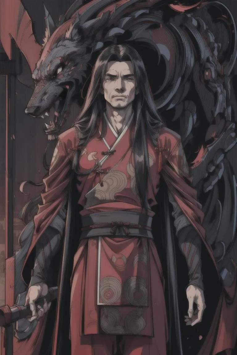A detailed illustration of a samurai warrior in red armor with a shadowy dragon behind him. This image is AI generated using Stable Diffusion.