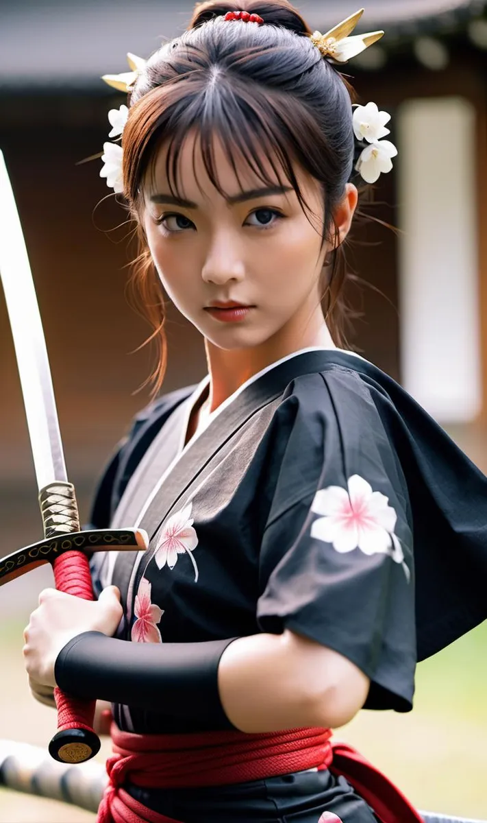 AI generated image of a young woman dressed in traditional samurai attire holding a katana, showcasing intricate floral designs on her outfit using stable diffusion.