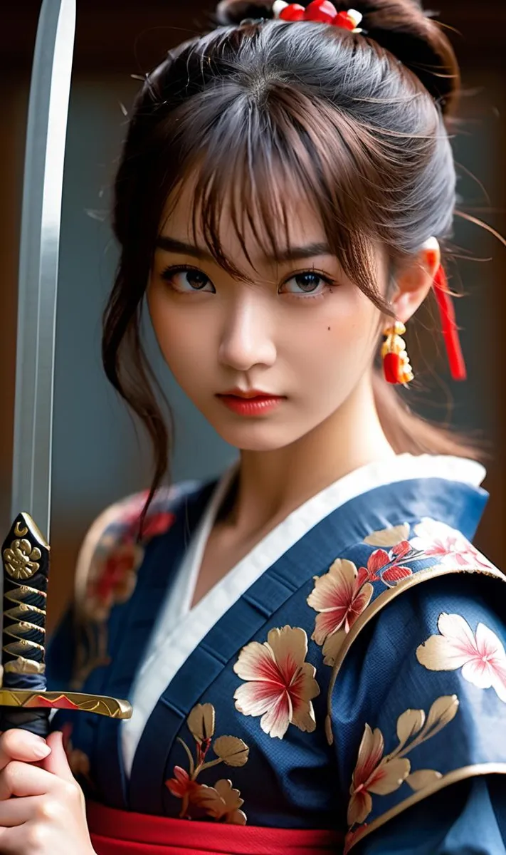A beautiful AI generated image using stable diffusion of a samurai woman holding a sword, with a detailed floral patterned kimono.