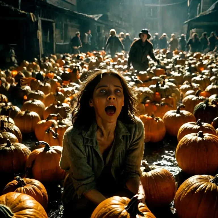 Woman looking terrified surrounded by numerous pumpkins in a dark, eerie setting. AI generated image using Stable Diffusion.
