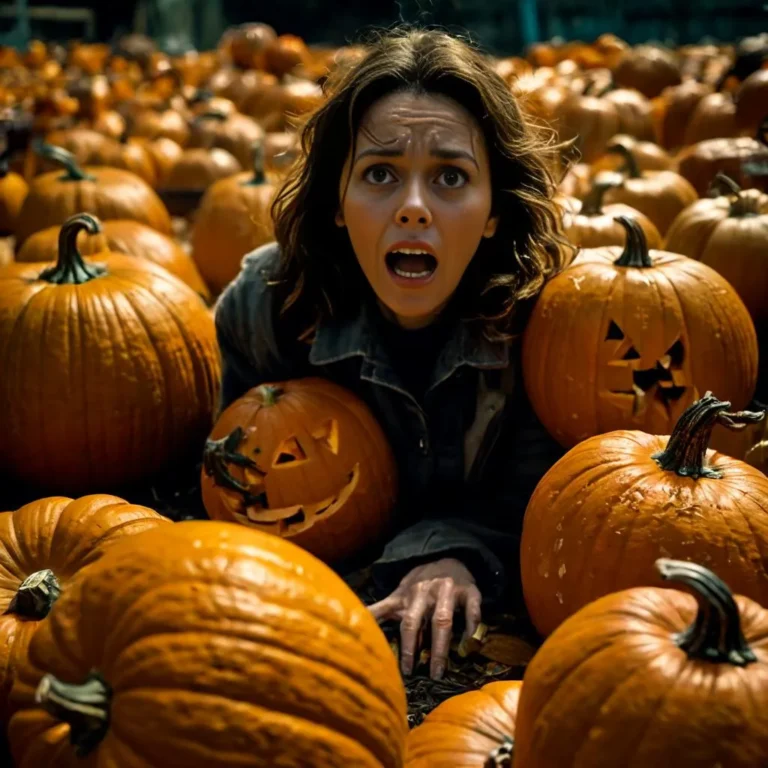 A woman in a Halloween pumpkin patch looking scared surrounded by carved pumpkins. AI generated image using stable diffusion.