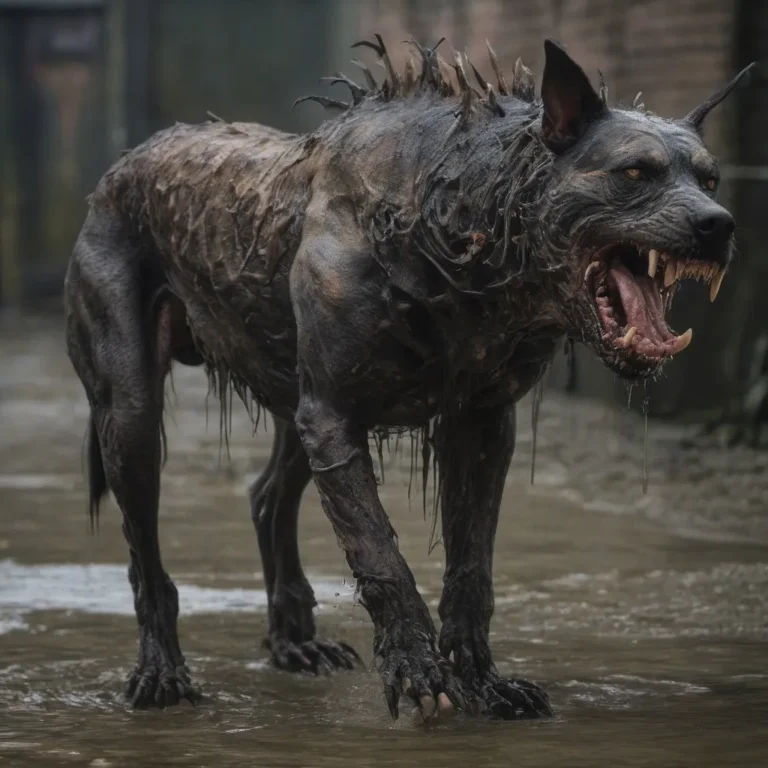 A horrifying AI-generated image of a feral dog in the rain with sharp teeth and a menacing snarl created using Stable Diffusion.