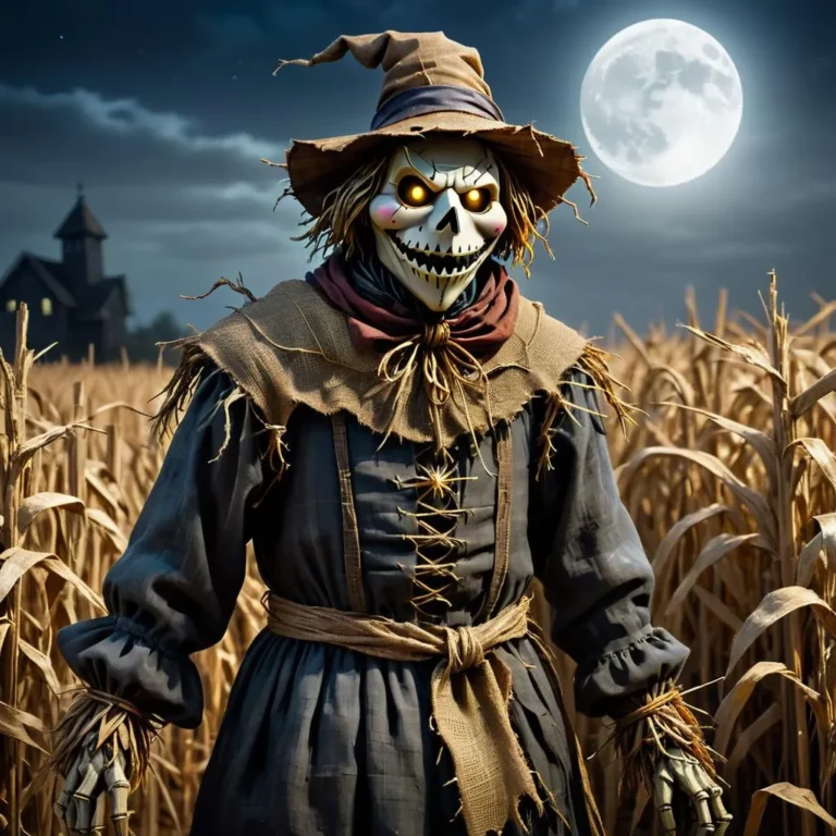 A scary scarecrow with glowing eyes and a creepy smile, dressed in tattered clothes and a witch hat, standing in a moonlit cornfield. AI-generated image using Stable Diffusion.