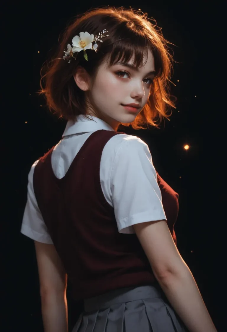 AI generated image using Stable Diffusion of a beautiful girl with short brown hair adorned with a white flower, wearing a school uniform with a maroon vest, white shirt, and gray skirt, set against a dark background.