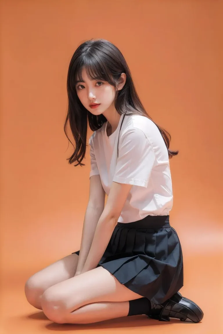 A school girl kneeling on the floor, wearing a white shirt and a black skirt, on an orange background. This is an AI generated image using stable diffusion.