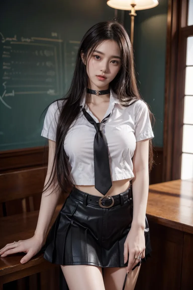 A young woman in a modern school girl outfit with a white crop top, black leather skirt, and a black tie, generated by AI using Stable Diffusion.