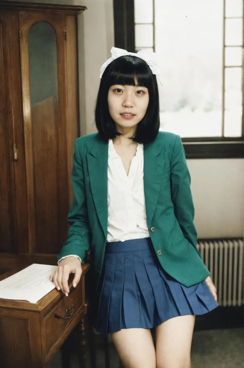 AI generated image of a schoolgirl in a classic uniform, wearing a green blazer, white shirt, and blue dress.