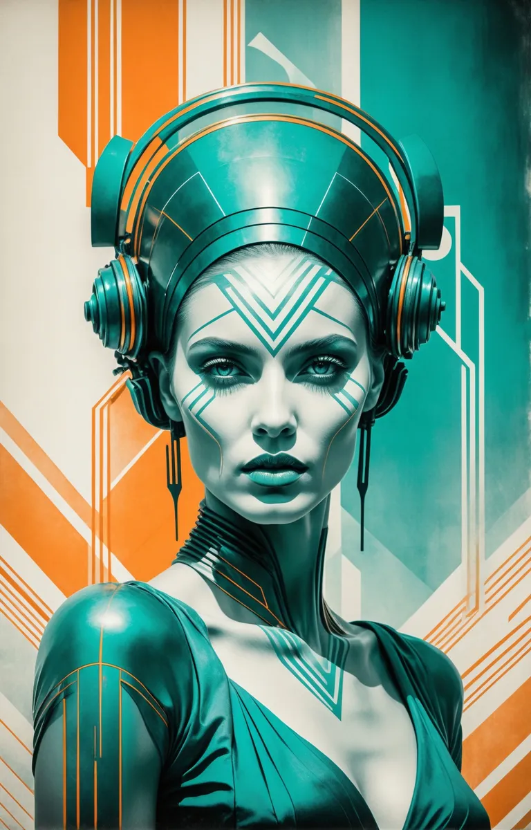 A sci-fi inspired portrait of a futuristic woman with intricate teal and orange geometric patterns on her face and clothing, wearing a metallic headdress and headphones, against a matching geometric background. AI image generated using Stable Diffusion.