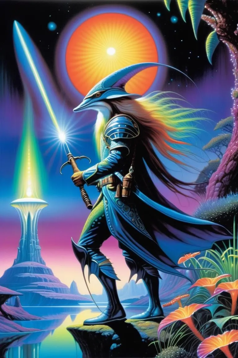 An AI generated image using stable diffusion depicting a sci-fi warrior with a glowing sword standing on an alien landscape under a vibrant cosmic sky.