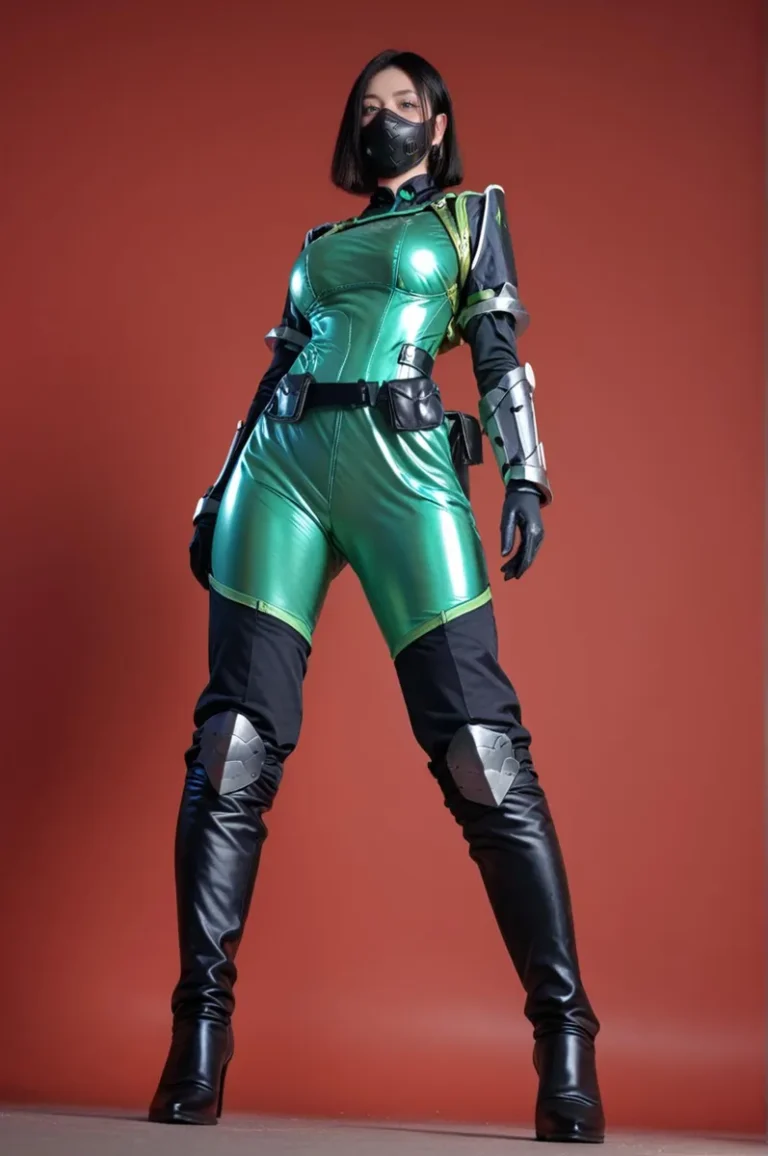 A futuristic female character in a green and black superhero costume with armor details created using AI image generation with Stable Diffusion.