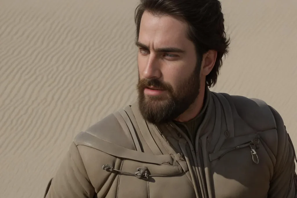 A realistic AI generated image using stable diffusion featuring a bearded man with dark hair standing in a sandy desert, dressed in futuristic desert armor.