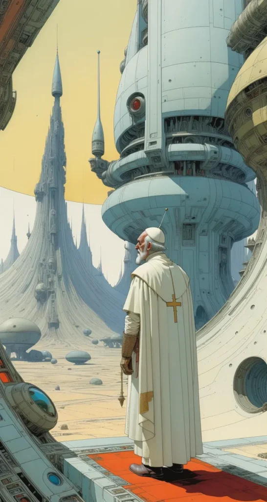 An AI generated image using stable diffusion of a futuristic priest in white robes with a golden cross, standing on a platform overlooking a futuristic cityscape with towering spires and advanced architectural structures.