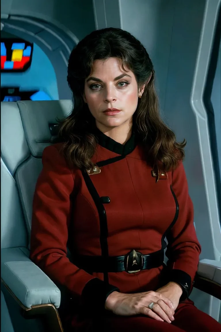A sci-fi woman in a red spaceship uniform seated in a futuristic setting, generated using Stable Diffusion AI.
