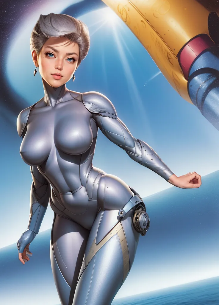 A sci-fi woman with silver hair in a shiny futuristic outfit against a deep space background. This is an AI generated image using Stable Diffusion.
