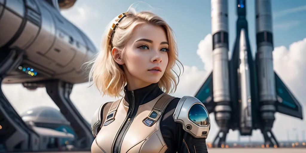 A sci-fi woman with blonde hair wearing a futuristic space suit, standing beside a spaceship with another spaceship launching in the background. AI generated image using Stable Diffusion.