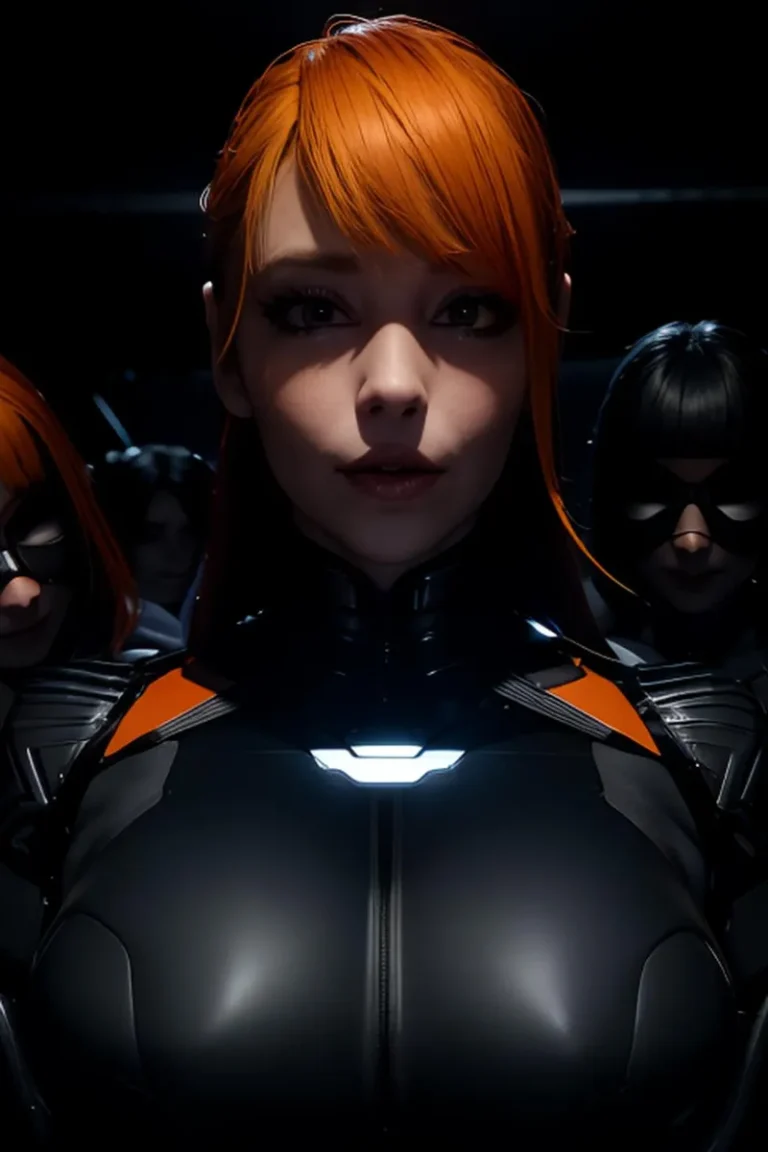 A sci-fi-themed heroine with striking orange hair in the center, dressed in a futuristic black suit with orange accents, created using stable diffusion. She is flanked by similar characters in dark cyberpunk attire.