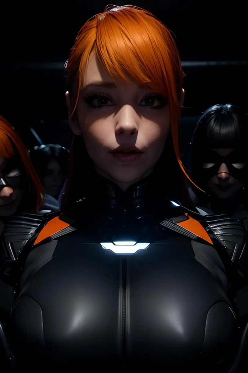 A sci-fi-themed heroine with striking orange hair in the center, dressed in a futuristic black suit with orange accents, created using stable diffusion. She is flanked by similar characters in dark cyberpunk attire.