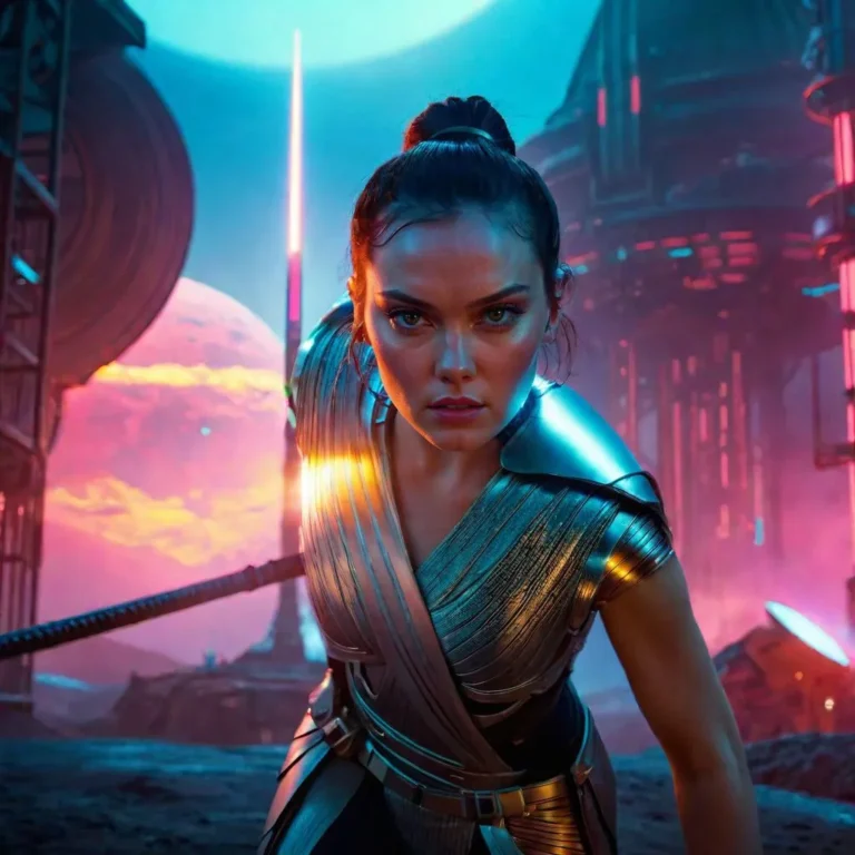 A sci-fi warrior woman in metallic armor in a futuristic, neon-lit universe, AI generated using Stable Diffusion.