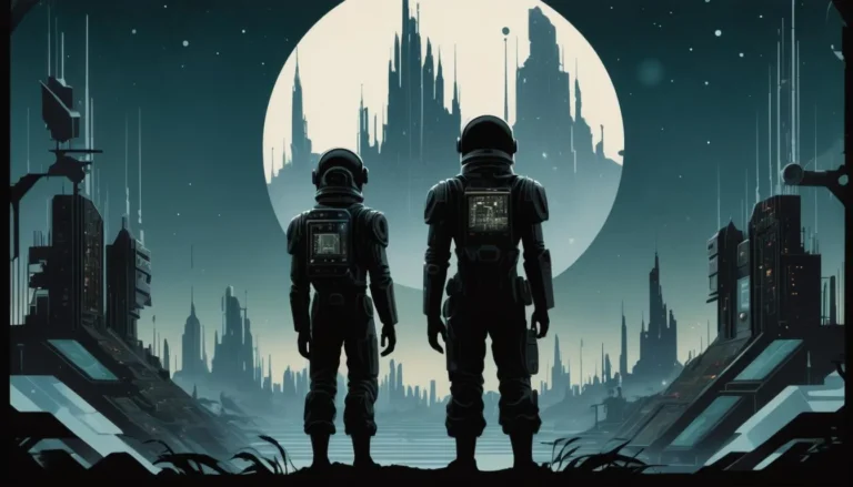Futuristic cityscape with two astronauts standing under the full moon, AI generated using stable diffusion.