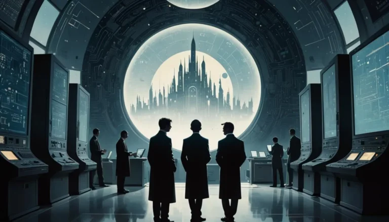 AI generated image using Stable Diffusion, depicting a futuristic command center with individuals looking at futuristic screens and a mesmerizing sci-fi cityscape.