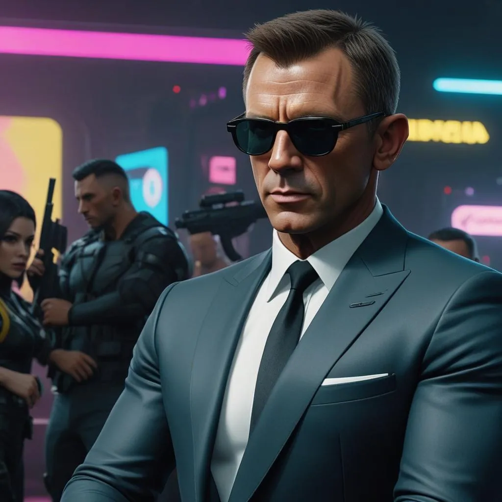 An AI-generated image using Stable Diffusion of a stern-looking secret agent dressed in a suit with dark sunglasses in a futuristic high-tech neon-lit environment, surrounded by armed soldiers.