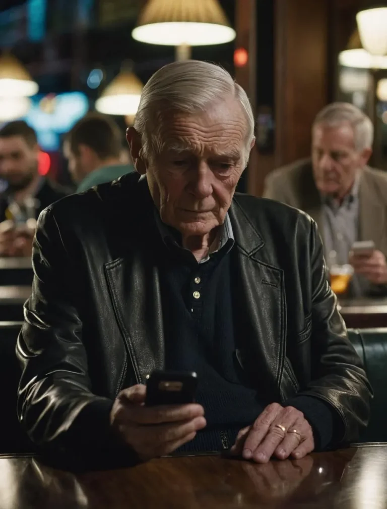 AI generated image of a senior man seated at a wooden table in a dimly lit cafe wearing a leather jacket and using a smartphone.