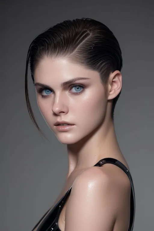 Sensual portrait of a woman with sleek wet hair, wearing a glossy black outfit in a studio setting. This stunning image is generated by AI using stable diffusion.