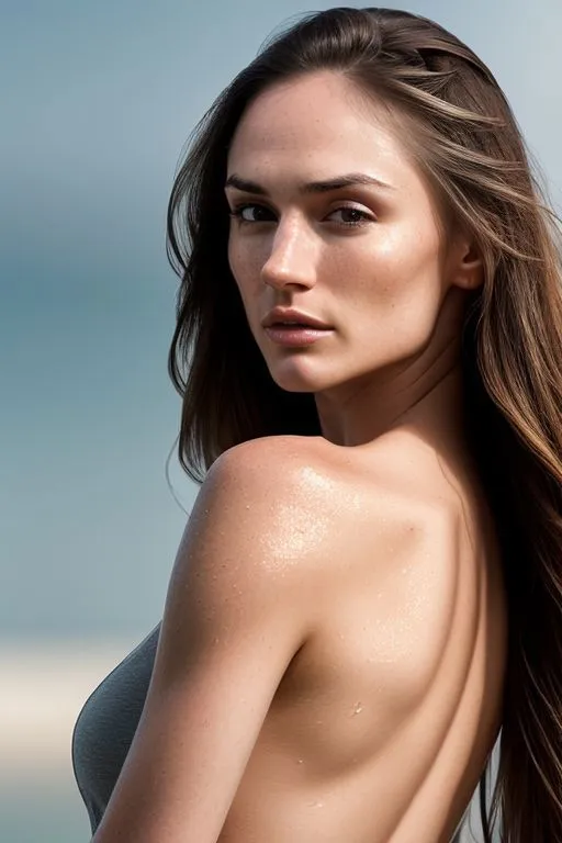 A sensual woman with long hair gazing over her shoulder while standing on a beach. AI generated image using Stable Diffusion.