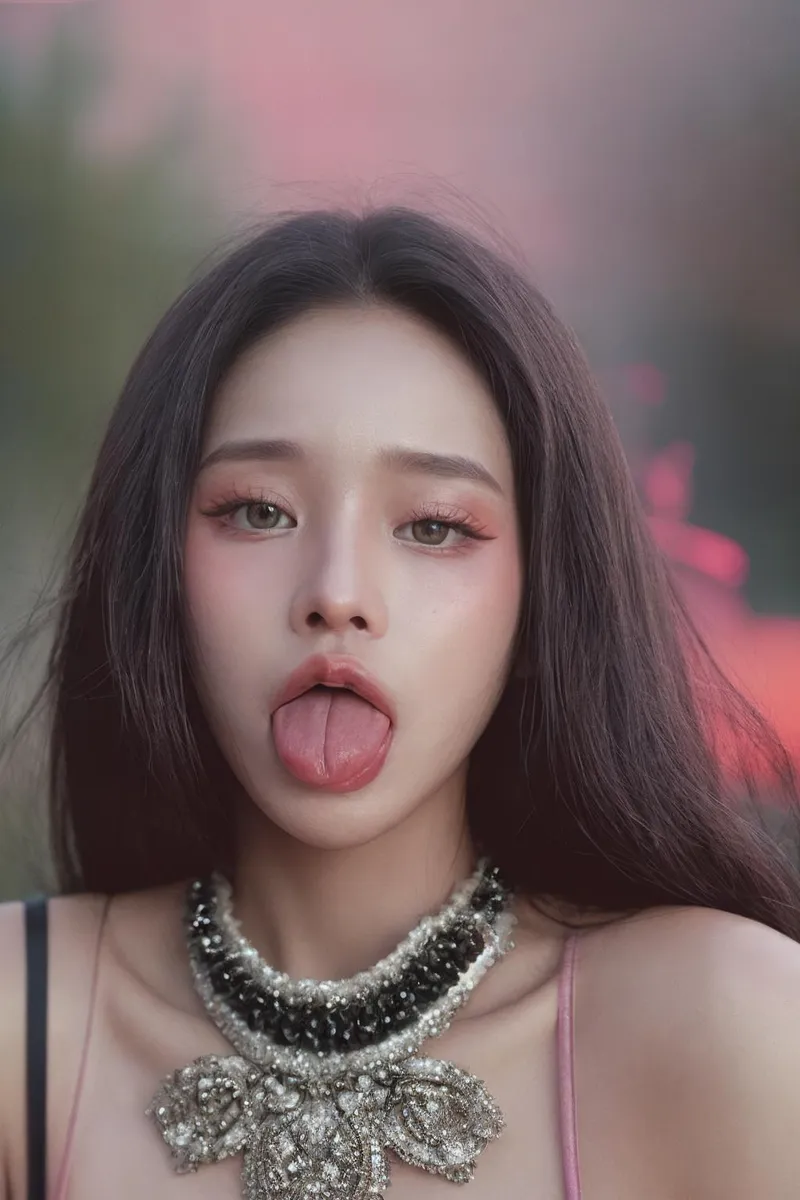 A woman with long, dark hair, wearing an intricate beaded necklace and displaying a playful expression with her tongue sticking out. This is an AI generated image using stable diffusion.