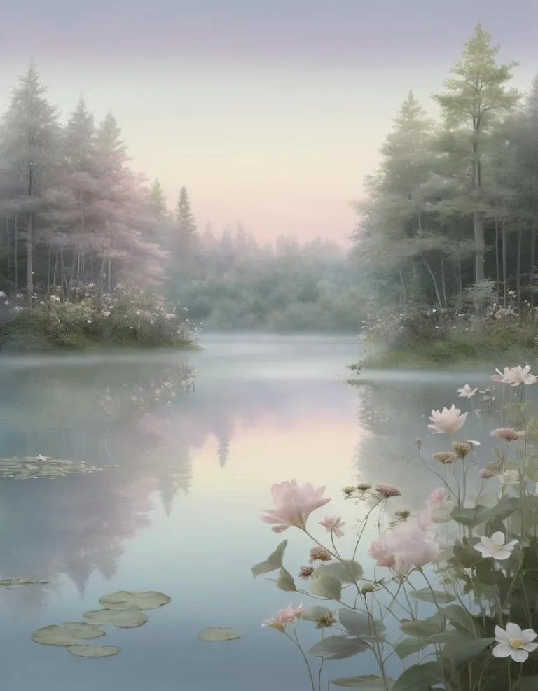A serene forest with trees reflecting on a misty lake at dawn, featuring pale flowers in the foreground. This is an AI generated image using Stable Diffusion.