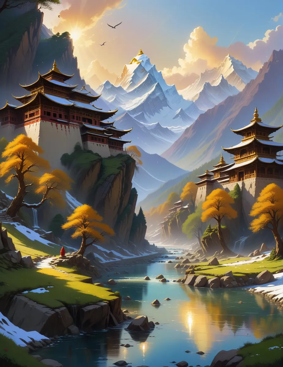 A serene mountain temple with golden hour light, high peaks in the background, and a tranquil stream. AI generated image using Stable Diffusion.