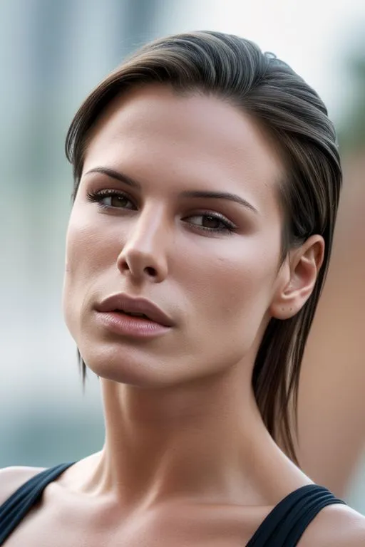Serene and composed woman gazing directly at the camera in a close-up portrait. AI generated image using Stable Diffusion.