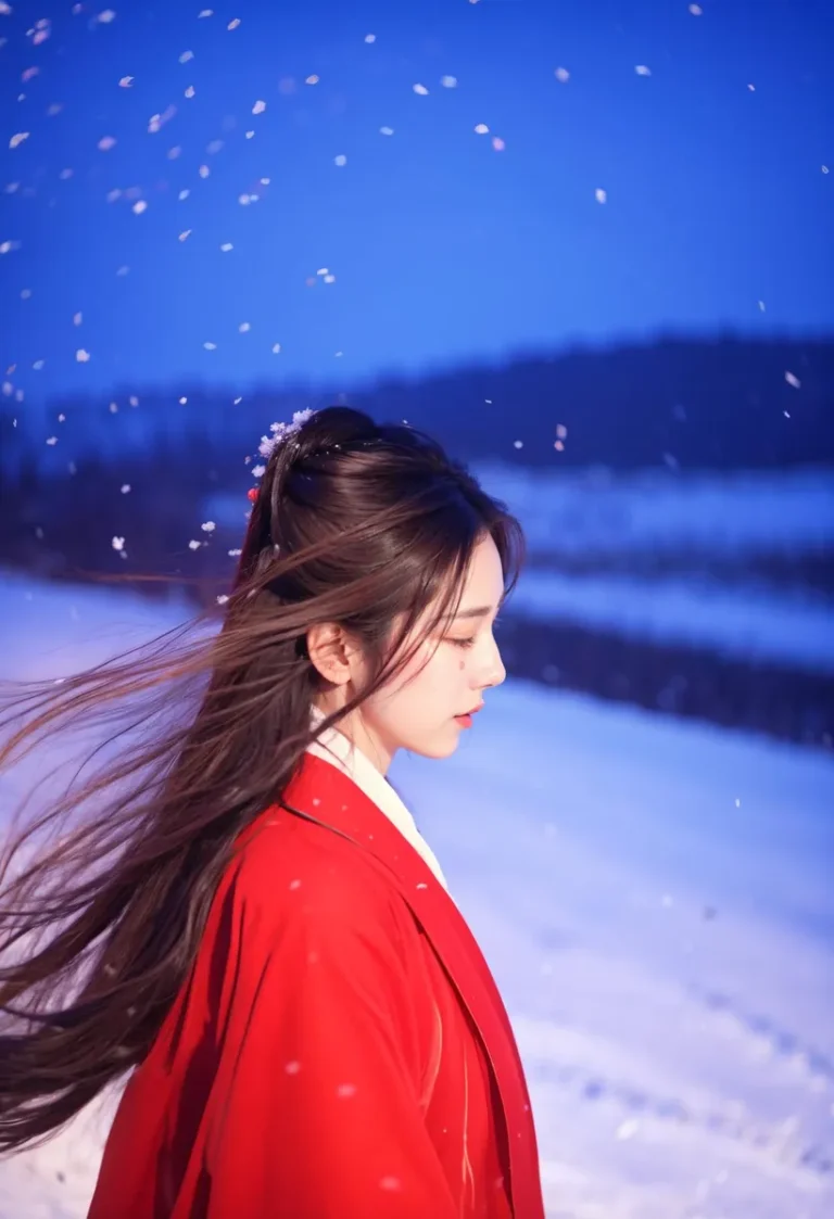 A serene woman with long flowing hair, dressed in a bright red Japanese kimono, standing in a snowy landscape. AI generated image using Stable Diffusion.