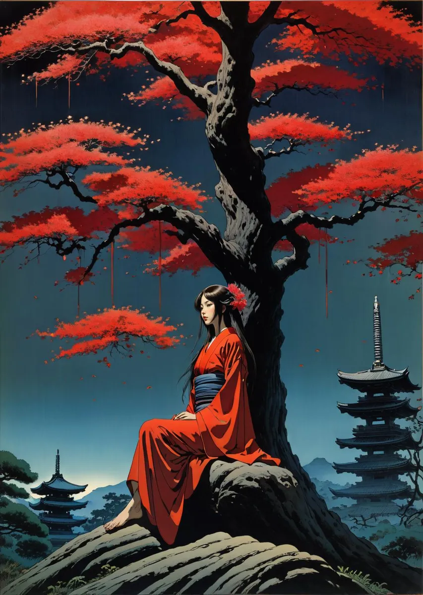 A serene Japanese woman in a red kimono sits beneath a large, ancient maple tree with vibrant red leaves, created using Stable Diffusion.