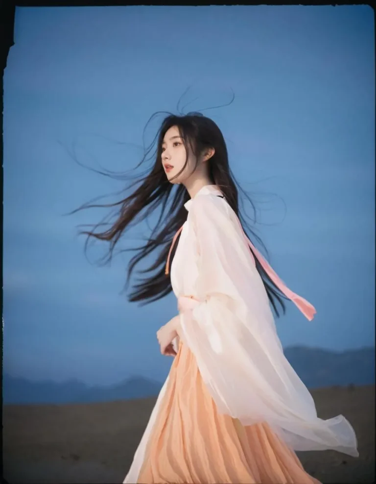 A serene woman in traditional clothing with flowing long hair in a windy landscape. AI generated image using Stable Diffusion.