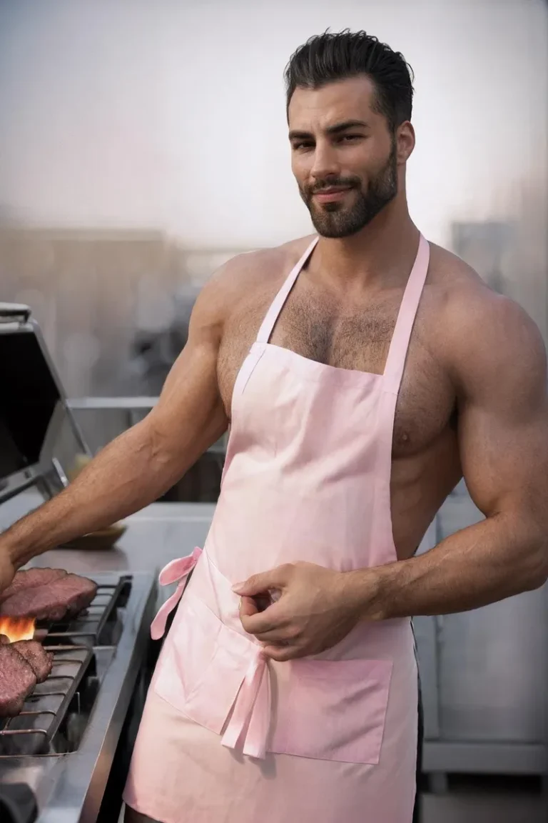 A muscular shirtless man grilling while wearing a pink apron, an AI generated image using Stable Diffusion.