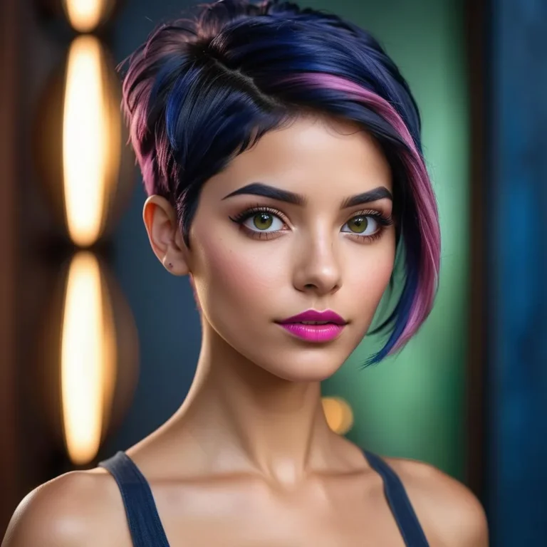 A modern portrait of a woman with short, dark blue and pink hair and vibrant makeup created using Stable Diffusion.