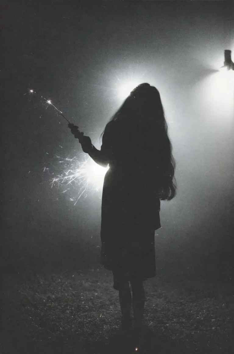 Silhouette of a person holding sparklers at night, AI generated image using Stable Diffusion.