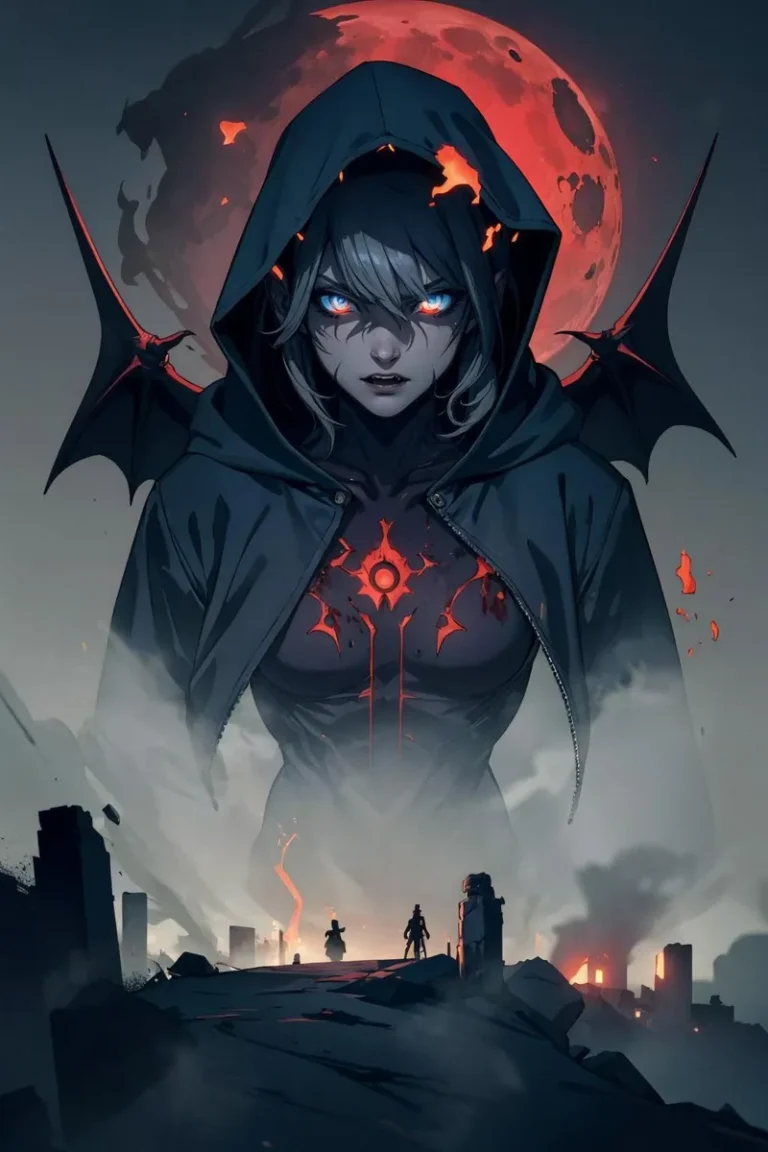 AI generated image using stable diffusion of a sinister woman with a demonic appearance, fiery red eyes, bat-like wings and a dark cloak, overseeing a post-apocalyptic scene with ruined buildings and a blood-red moon.